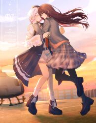  2girls absurdres aircraft beret black_dress black_hair black_hat black_pantyhose black_shoes building chinese_commentary closed_eyes clouds commentary_request commission dress evening floating_hair frilled_socks frills full_body gradient_hair grass grey_jacket hand_on_another's_cheek hand_on_another's_face hat helicopter highres hug jacket long_hair long_sleeves mahou_shoujo_no_majo_saiban miniskirt multicolored_hair multiple_girls nikaido_hiro open_mouth outdoors pantyhose pink_eyes plaid_clothes plaid_skirt pleated_skirt profile ritzchrono sakuraba_ema second-party_source shoes short_hair shorts skirt sky smile socks standing sunset tearing_up white_hair white_shorts white_socks 