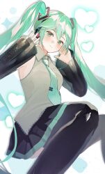  1girl aqua_eyes aqua_hair aqua_nails aqua_necktie black_boots black_skirt black_sleeves boots breasts closed_mouth collared_shirt commentary_request detached_sleeves grey_shirt hair_between_eyes hands_up hatsune_miku highres long_hair looking_at_viewer necktie shirt skirt sleeveless sleeveless_shirt smile solo t0klma thigh_boots twintails very_long_hair vocaloid 