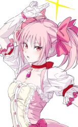  1girl absurdres arm_up bow choker collarbone dress dress_bow gloves hair_bow highres kaname_madoka kaname_madoka_(magical_girl) looking_at_viewer mahou_shoujo_madoka_magica mahou_shoujo_madoka_magica_(anime) open_mouth pink_bow pink_dress pink_eyes pink_hair puffy_short_sleeves puffy_sleeves red_choker seeledayo short_sleeves short_twintails simple_background solo soul_gem square_neckline twintails upper_body white_background white_gloves 