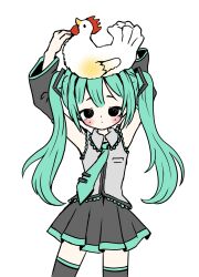  1girl animal_on_head aqua_hair aqua_necktie aqua_trim bird black_eyes black_skirt black_sleeves black_thighhighs blush chicken commentary detached_sleeves english_commentary grey_shirt hatsune_miku highres kikuo kiramisu11 lace_trim necktie on_head shirt simple_background skirt solo thigh-highs twintails vocaloid white_background yuutai_ridatsu_(vocaloid) 