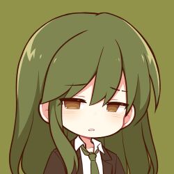  1boy black_jacket brown_eyes chinese_commentary collared_shirt commentary_request green_eyes green_hair green_necktie highres jacket lapels lobotomy_corporation long_hair looking_at_viewer necktie netzach_(project_moon) notched_lapels project_moon shirt solo tdr1473 white_shirt 