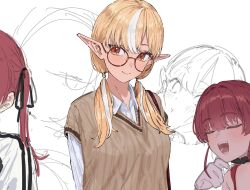  2girls alternate_costume alternate_hairstyle black_choker black_ribbon blonde_hair blush brown-framed_eyewear brown_sweater_vest cable_knit choker closed_eyes closed_mouth collared_shirt commentary_request dark-skinned_female dark_elf dark_skin doodle_background dot_nose elf eyebrows_hidden_by_hair fanged_bangs frilled_choker frills gloves hair_over_shoulder hair_ribbon hand_up head_tilt highres hololive houshou_marine jacket long_hair long_pointy_ears long_sleeves looking_to_the_side low_twintails multicolored_hair multiple_girls multiple_views open_mouth orange_eyes out_of_frame parted_bangs pointy_ears red_hair ribbon round_eyewear shino_12a shiranui_flare shirt side_part sidelocks sketch smile strap streaked_hair sweater_vest swept_bangs twintails two-tone_hair upper_body virtual_youtuber white_gloves white_jacket white_shirt white_streaks 