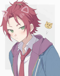  1boy ? absurdres bangs_pinned_back blush cat closed_mouth collared_shirt commentary curtained_hair drawn_ears ensemble_stars! eyes_visible_through_hair green_eyes hair_ornament hairclip highres hood hood_down hooded_jacket isara_mao jacket lapels looking_at_viewer male_focus necktie notched_lapels open_clothes open_collar open_jacket red_hair red_necktie reijiro school_uniform shirt short_hair simple_background solo upper_body wing_collar yumenosaki_school_uniform 