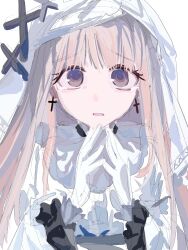  1girl blonde_hair gloves hands_up highres hikami_meruru long_hair long_sleeves looking_at_viewer mahou_shoujo_no_majo_saiban open_mouth own_hands_together simple_background solo steepled_fingers tangxiaowang tearing_up tears upper_body veil white_background white_gloves white_veil 