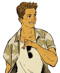  1boy arm_up brown_eyes brown_hair collarbone collared_shirt commentary_request facial_hair highres hikari_toriumi looking_to_the_side male_focus mustache nick_"goose"_bradshaw open_clothes open_shirt parted_lips print_shirt shirt short_hair short_sideburns short_sleeves sideburns sideways_glance simple_background smile solo top_gun upper_body white_background white_shirt 