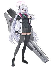  1girl absurdres black_hairband black_thighhighs blue_archive blue_necktie bright_pupils double-parted_bangs full_body hair_between_eyes hairband half_updo halo highres jacket kei_(blue_archive) kei_(student)_(blue_archive) long_hair long_hair_between_eyes multicolored_jacket necktie pink_halo railgun rectangular_halo ringed_eyes riyokutiya_jam solo thigh-highs two-tone_jacket white_background white_hair white_jacket 