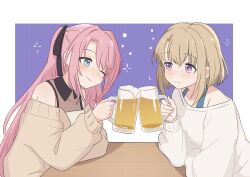  2girls absurdres alcohol beer beer_mug black201_wav black_ribbon blue_eyes brown_hair cardigan closed_mouth commentary cup drink eye_contact grey_cardigan hair_intakes hair_ribbon highres holding holding_drink kamiina_botan kamiina_botan_yoeru_sugata_wa_yuri_no_hana long_hair looking_at_another mug multiple_girls one_eye_closed pink_hair purple_background ribbon shirt short_hair simple_background smile tonami_ibuki two_side_up violet_eyes white_background white_shirt 