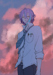  1boy asymmetrical_hair belt belt_buckle black_belt black_pants blue_necktie blue_streaks breast_pocket buckle clouds cloudy_sky colorful_clouds cowboy_shot diagonal-striped_clothes diagonal-striped_necktie hair_between_eyes highres kamishiro_rui kamishiro_rui_(middle_school) looking_at_viewer loose_necktie male_focus multicolored_hair necktie object_in_pocket one_side_up pants parted_lips pen_in_pocket pocket project_sekai purple_hair school_uniform shirt short_hair sina0470 sky sleeves_rolled_up solo streaked_hair striped_clothes striped_necktie white_shirt yellow_eyes 