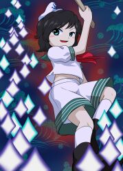  1girl abstract_background absurdres anchor_symbol aqua_eyes black_hair black_shoes blurry blush_stickers danmaku depth_of_field hat henkatakari highres holding holding_ladle kneehighs ladle looking_at_viewer midriff_peek murasa_minamitsu sailor_hat shirt shoes short_hair short_sleeves shorts socks solo touhou white_hat white_shirt white_shorts white_socks zun_(style) 