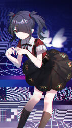  1girl abstract_background absurdres ame-chan_(needy_girl_overdose) black_eyes black_hair black_ribbon black_skirt black_socks chinese_commentary chromatic_aberration closed_mouth commentary_request feet_out_of_frame four-finger_heart_hands gibberish_commentary glitch hair_ornament hair_over_one_eye heart heart_hands highres hitomi_(tongshou) kneehighs leaning_forward neck_ribbon needy_girl_overdose one_eye_covered red_shirt ribbon shirt short_hair short_sleeves skirt socks solo standing twintails white_shirt x_hair_ornament 