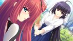  game_cg hananomiya_ako japanese_clothes long_hair nishimata_aoi sekai_seifuku_kanojo weapon yamino_yumeko 