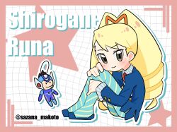  1girl artist_name blonde_hair blue_dress blue_pantyhose blush bow character_name commentary_request dress drill_hair green_eyes hair_bow highres long_hair looking_at_viewer luna_platz_(mega_man) mega_man_(series) mega_man_star_force_(series) orange_bow pantyhose sazana_makoto sitting smile star_force_mega_man striped_clothes striped_pantyhose stuffed_toy twin_drills very_long_hair 