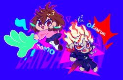  1boy 1girl ayase_momo barefoot black_jacket black_pants blue_background blue_skirt brown_hair brown_shoes cardigan character_name chibi chibi_only dandadan earrings facial_mark floating gakuran glasses hair_between_eyes jacket jewelry loose_socks multicolored_hair open_mouth pants parted_bangs pink_cardigan pleated_skirt red_eyes red_hair round_eyewear rubymin school_uniform shoes short_hair skirt smile socks streaked_hair takakura_ken_(dandadan) takakura_ken_(transformed)_(dandadan) telekinesis torn_clothes white_hair white_socks 