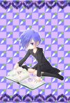  blue_eyes book boots child hair_over_one_eye highres kingdom_hearts male okitune-sama purple_hair radish sitting solo young zexion 