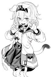  1girl arknights belt belt_buckle blush bow braid buckle commentary_request cowboy_shot goldenglow_(arknights) greyscale hair_between_eyes hair_bow hairband hands_up highres jacket lightning_bolt_print long_hair long_sleeves looking_at_viewer monochrome nose_blush open_clothes open_jacket open_mouth pan_nap simple_background skirt solo standing white_background 