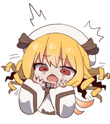  1girl ^^^ arms_up bags_under_eyes blonde_hair commentary_request curled_ends dot_nose hat highres korean_commentary looking_at_viewer luna_child magg_(user_mtca8588) red_eyes simple_background solo touhou white_background white_hat worried 
