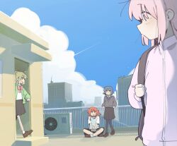  +_+ 4girls absurdres against_railing ahoge aircraft airplane bag black_pantyhose black_ribbon black_shirt black_skirt blonde_hair blue_eyes blue_hair bocchi_the_rock! bow bowtie clouds detached_ahoge english_commentary gotoh_hitori green_eyes green_jacket highres holding holding_bag ijichi_nijika indian_style jacket kessoku_band kita_ikuyo long_hair long_skirt long_sleeves machuuu68 medium_hair mole mole_under_eye multiple_girls neck_ribbon one_side_up open_clothes open_jacket open_mouth pantyhose pink_hair pink_track_suit railing rainbow_flag red_bow red_bowtie red_eyes red_hair ribbon shirt side_ponytail sitting skirt socks track_suit white_shirt white_socks yamada_ryo yellow_eyes 