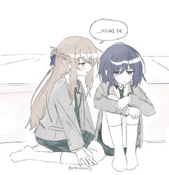  2girls black_hair blazer blue_eyes blush braid brown_hair collared_shirt commentary_request green_necktie green_skirt grey_jacket half_up_braid highres jacket kneehighs korean_commentary korean_text long_hair looking_at_another medium_hair miyagi_shiori multiple_girls necktie no_shoes open_mouth plaid_clothes plaid_skirt pleated_skirt school_uniform sendai_hazuki shirt shuuniichido_classmate_wo_kau_hanashi skirt socks speech_bubble translation_request twitter_username violet_eyes wheloo3rd white_background white_shirt yuri 