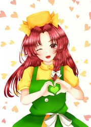  1girl bow buttons commentary_request dress green_dress hair_bow hair_ribbon hakase_(chitama_shinryaku) hat heart heart_background heart_hands highres long_hair looking_at_viewer one_eye_closed open_mouth orange_(touhou) puffy_short_sleeves puffy_sleeves red_eyes red_hair ribbon shirt short_sleeves simple_background smile solo touhou touhou_(pc-98) yellow_hat yellow_shirt 