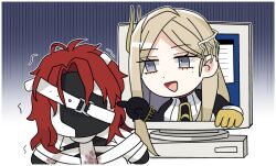  1boy 1girl :d aleph_(reverse:1999) asymmetrical_gloves black_gloves black_mask blue_background chibi computer covered_face gloves gradient_background grey_eyes hair_ornament long_hair lorentz_butterfly mask mismatched_gloves mole mole_under_eye monitor nakataro_(4ka7ka) open_mouth pointing pointing_at_another red_hair reverse:1999 shirt smile through_medium through_screen trembling upper_body white_background white_shirt yellow_gloves 