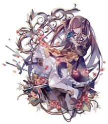  1girl absurdres arcaea bib_collar black_dress black_hair black_ribbon blue_butterfly blue_eyes bow bug butterfly butterfly_on_hand dress dress_bow flower footwear_bow frilled_dress frills full_body gothic_lolita hair_ornament hair_ribbon highres lolita_fashion long_hair long_sleeves neck_ribbon plant planted red_flower red_rose rei_rigel ribbon ring_hair_ornament rose shoes simple_background solo tairitsu_(arcaea) tairitsu_(axium)_(arcaea) vines white_background white_shoes 