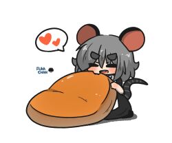  1girl animal_ears black_dress character_name closed_eyes dress eating food food_request fuka-chan grey_hair hair_between_eyes heart holding holding_food kemonomimi_mode mouse_ears mouse_girl mouse_tail original puffy_short_sleeves puffy_sleeves sea_urchin shadow short_eyebrows short_sleeves simple_background solo spoken_heart tail thick_eyebrows uni_souchou white_background 