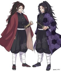  2boys belt belt_buckle black_hair buckle closed_mouth commentary_request earrings hanafuda_earrings highres holding holding_sword holding_weapon japanese_clothes jewelry kimetsu_no_yaiba kimono long_hair multiple_boys red_eyes red_hair sandals simple_background sword tsugikuni_michikatsu tsugikuni_yoriichi umaki_12521 weapon white_background white_belt 