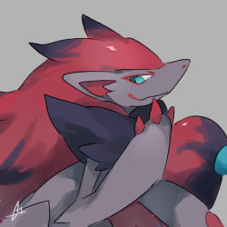  1other aqua_eyes black_hair claws commentary_request furry grey_background grey_fur long_hair looking_to_the_side other_focus pokemon pokemon_(creature) pokemon_focus red_hair slit_pupils smile torank_cdk very_long_hair zoroark 