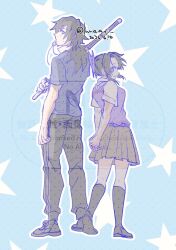  1boy 1girl alternate_costume arm_at_side arms_behind_back back-to-back blue_background breasts closed_mouth commentary_request dated from_behind full_body heel_up height_difference kimetsu_gakuen kimetsu_no_yaiba kneehighs kochou_shinobu long_hair looking_at_viewer low_ponytail medium_breasts miku_namu pale_colors pants parted_bangs pleated_skirt ponytail purple_vest school_uniform shinai shirt shoes short_hair short_sleeves sidelocks signature skirt smile socks standing star_(symbol) star_symbol_background sword tomioka_giyuu vest violet_eyes watermark weapon whistle whistle_in_mouth 