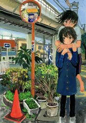  2boys black_hair blue_coat bridge buttons coat day highres hug hug_from_behind minahamu mirror multiple_boys original outdoors plant potted_plant road_sign short_hair sign traffic_cone traffic_mirror 