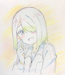  1girl colored_pencil_(medium) commentary_request eyebrows_hidden_by_hair hair_over_one_eye hatching_(texture) highres hoshino_miyako_(wataten) jacket limited_palette medium_hair nakagawa_hiromi open_mouth portrait raised_inner_eyebrows smile solo traditional_media watashi_ni_tenshi_ga_maiorita! 