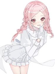  1other akiyama_mizuki back_bow blush bow braid commentary cowboy_shot dot_nose dress dress_bow finger_to_mouth frilled_dress frills gloves hand_up highres index_finger_raised juliet_sleeves leaning_forward long_hair long_sleeves looking_at_viewer official_alternate_costume official_alternate_hairstyle parted_bangs pearl_trim pink_eyes pink_hair print_dress project_sekai puffy_sleeves rea_0523 saihate_e_to_tobu_kimi_e_(project_sekai) short_dress sidelocks simple_background smile solo twin_braids untranslatable_commentary white_background white_bow white_dress white_gloves 