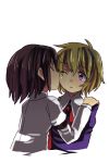  bad_id black_hair bust cheek_kiss closed_eyes hachi_(8bit_canvas) hand_on_shoulder highres kiss kiss_on_cheek maribel_hearn multiple_girls no_hat no_headwear purple_eyes short_hair touhou usami_renko violet_eyes wink yuri 