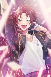  1boy arm_up bangs_pinned_back belt belt_buckle bracelet buckle commentary confetti curtained_hair ensemble_stars! floating_clothes floating_neckwear glowstick green_eyes headset highres isara_mao jacket jewelry looking_at_viewer male_focus necklace open_clothes open_jacket open_mouth penlight_(glowstick) red_hair reijiro shirt smile star_(symbol) star_necklace sweat teeth upper_body upper_teeth_only v-neck white_shirt 