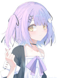  1girl absurdres black_ribbon blush cardigan commentary_request ghost_hair_ornament hachimitsu_shitate hair_ornament hair_ribbon hairclip highres looking_at_viewer multiple_hairclips nail_polish off_shoulder purple_hair purple_ribbon ribbon shinomiya_runa shinomiya_runa_(1st_costume) short_twintails simple_background single_off_shoulder smile solo too_many_hair_ornaments twintails v virtual_youtuber vspo! white_background white_cardigan x_hair_ornament yellow_eyes 