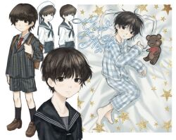  1boy backpack bag barefoot bed_sheet black_sailor_collar black_serafuku black_socks blue_pajamas blue_sailor_collar blue_shorts brown_bag brown_hair full_body hat loafers looking_at_viewer male_focus mugi_(mugi44i) necktie original pajamas pillow red_necktie sailor_collar sailor_hat school_uniform serafuku shoes shorts smile socks star_(symbol) stuffed_animal stuffed_toy teddy_bear 