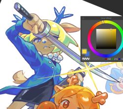  2girls antlers art_program_in_frame black_dress blonde_hair blue_coat blue_eyes blue_horns carol_holiday coat commentary deer_antlers deer_girl deltarune dress english_commentary furry furry_female gaida holding holding_sword holding_weapon horns jewelry katana mother_and_child mother_and_daughter multiple_girls necklace noelle_holiday parent_and_child pearl_necklace sword utdr_(toby_fox) weapon 