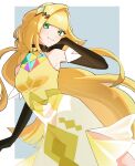 1girl bare_shoulders blonde_hair breasts brown_gloves choker closed_mouth commentary_request dress elbow_gloves eyelashes gloves green_eyes hair_ornament hand_up highres long_hair lusamine_(pokemon) official_alternate_costume osg_pk pokemon pokemon_(game) pokemon_masters_ex smile solo yellow_dress 