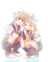  1boy 1girl ^_^ ahoge aqua_eyes arm_rest backlighting bare_shoulders blonde_hair bloom bow brother_and_sister closed_eyes detached_sleeves double_v grin hair_bow hair_ornament hairclip happy headphones headset kagamine_len kagamine_rin leg_warmers looking_at_viewer midriff_peek neckerchief number_tattoo open_mouth parallel_hairclips ponytail posing ppy_t0_0 ribbon sailor_collar shirt shoes short_hair short_ponytail short_sleeves shorts shoulder_tattoo siblings sleeveless sleeveless_shirt smile squatting swept_bangs tattoo twins v v-shaped_eyebrows vocaloid white_bow white_shirt white_shoes yellow_nails yellow_neckerchief yellow_trim 