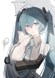  1girl absurdres animal aqua_eyes aqua_hair aqua_necktie black_sleeves cat collared_shirt commentary_request detached_sleeves grey_shirt hair_between_eyes hatsune_miku highres holding holding_animal holding_cat long_hair looking_at_viewer necktie parted_lips ria_art shirt signature simple_background sleeveless sleeveless_shirt solo teeth twintails umbrella very_long_hair vocaloid white_background white_cat 