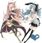  :d ahoge animal_ears aqua_eyes aqua_hair bell boots bunny_ears cat_ears cat_tail green_eyes hatsune_miku heart ichijo_kingdom jingle_bell knee_boots koshino_nose long_hair megurine_luka multiple_girls necktie open_mouth pink_hair simple_background skirt smile star tail thigh-highs thighhighs twintails vocaloid zettai_ryouiki 