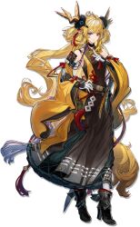 1girl arknights bare_shoulders belt black_boots black_dress blonde_hair boots breasts choker detached_sleeves dress full_body gloves hand_on_own_hip hand_up high_heel_boots high_heels highres horns leizi_(arknights) leizi_the_thunderbringer_(arknights) long_hair long_sleeves looking_at_viewer official_art pointy_ears ryuuzaki_ichi sidelocks simple_background sleeveless sleeveless_dress smile solo standing tachi-e tail tassel third-party_source transparent_background very_long_hair violet_eyes white_gloves wide_sleeves 