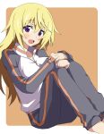  1girl barefoot blonde_hair blush charlotte_dunois exion_(neon) highres infinite_stratos long_hair looking_at_viewer open_mouth purple_eyes raglan_sleeves simple_background sitting solo track_jacket track_suit zipper 