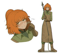  1girl apron boots brown_apron brown_boots brown_gloves collared_shirt commentary dirty dirty_clothes full_body gloves green_jumpsuit green_shirt grin half_updo highres holding_harpoon ishmael_(project_moon) ishmael_(the_pequod)_(project_moon) jumpsuit limbus_company messy_hair misg1111 multiple_views nervous_smile project_moon rubber_boots rubber_gloves shirt sidelocks smile sweat untranslatable_commentary 