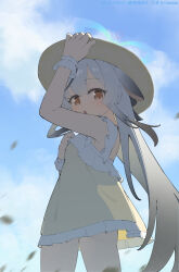  1girl absurdres adjusting_clothes adjusting_headwear bilibili_username biluoyao black_streaks blue_archive blue_halo blue_sky blush brown_eyes commentary cowboy_shot dot_nose dress falling_leaves frilled_dress frills grey_hair halo hat highres kokona_(blue_archive) leaf long_hair looking_at_viewer multicolored_hair open_mouth sky solo streaked_hair sun_hat twitter_username very_long_hair yellow_dress 