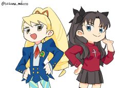  2girls artist_name black_hair black_skirt blonde_hair blue_eyes bow commentary_request deformed drill_hair fate/stay_night fate_(series) green_eyes hair_bow hands_on_own_hips highres long_hair luna_platz_(mega_man) mega_man_(series) mega_man_star_force_(series) multiple_girls open_mouth orange_bow sazana_makoto simple_background skirt smile tohsaka_rin twin_drills twintails very_long_hair white_background 