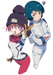  1boy 1girl amate_yuzuriha annoyed beanie black_hat blue_eyes blue_hair closed_mouth commentary_request cropped_legs frown gundam gundam_gquuuuuux hat highres in-franchise_crossover kamille_bidan kasumi_(skchkko) looking_at_viewer mecha_pilot_suit normal_suit_(gundam) open_mouth red_hair sparkle textless_version white_background zeta_gundam 