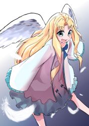 1girl :d absurdres ahoge aqua_eyes bird_girl bird_wings blonde_hair blue_dress child commentary_request curtained_hair dress falling_feathers feathered_wings feathers filo_(tate_no_yuusha_no_nariagari) frilled_dress frills gradient_background grey_background hanten_(hantennano) highres long_hair medium_dress open_mouth sleeves_past_fingers sleeves_past_wrists smile solo tate_no_yuusha_no_nariagari two-tone_dress white_background white_dress white_feathers white_wings wide_sleeves wings 