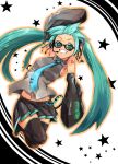  1girl aqua_eyes aqua_hair bespectacled cable glasses grin hatsune_miku headset highres hitosashiyubi kimi_ni_mune_kyun long_hair skirt smile solo sunglasses thigh-highs thighhighs twintails very_long_hair vocaloid yellow_magic_orchestra zettai_ryouiki 