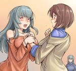  blush breasts brown_hair casual closed_eyes eyes_closed happy large_breasts long_hair open_mouth rozen_maiden rozenweapon short_hair siblings silver_hair sisters smile souseiseki suigintou 